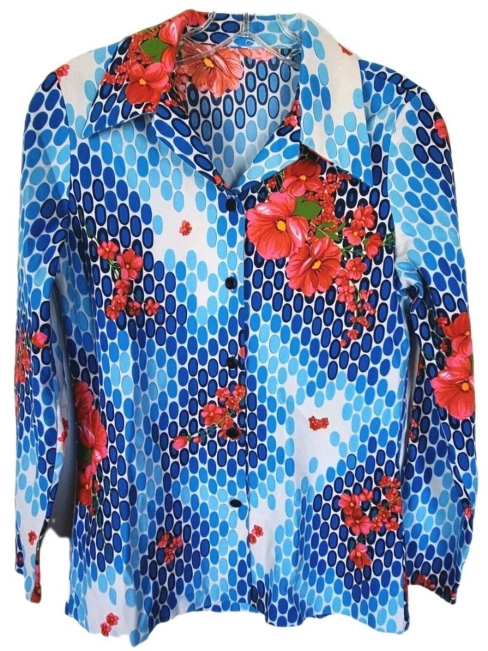 Vtg 70s Floral Dagger Collar Blouse Womens Blue Red Geometric Mod Disco Shirt S